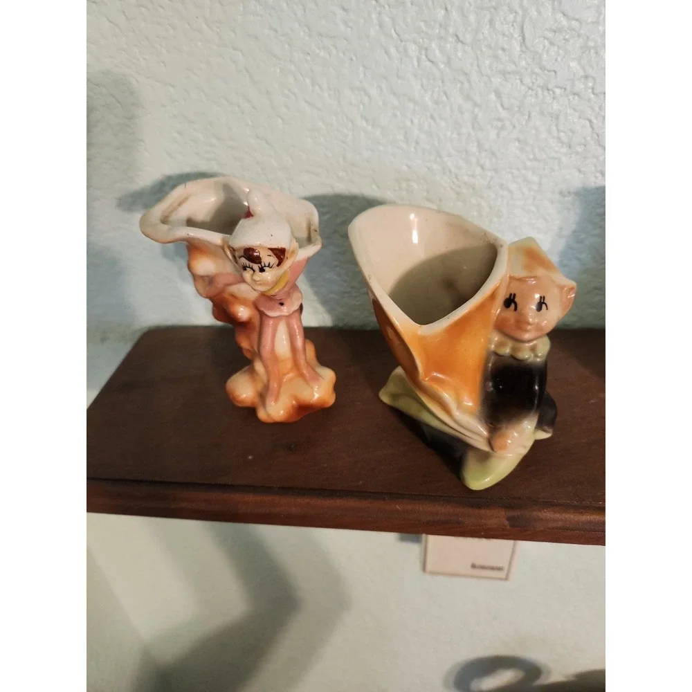 Vtg Fairy Pixie Elf Sprite Vase Set 2 Kitschy‎ Pink Elf Leprechaun Elf Set 2